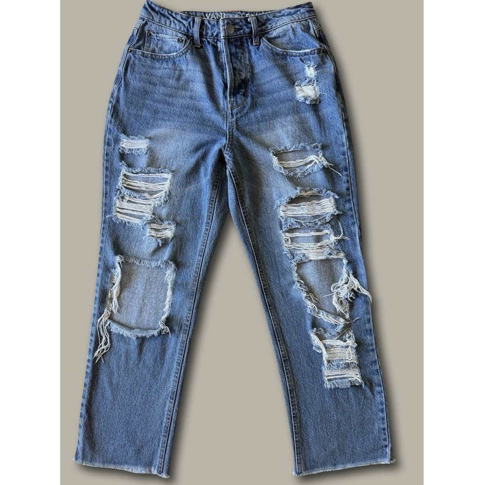 Vanilla Star 90s Boyfriend Jeans Size 7 Blue Distressed High Rise Button Fly